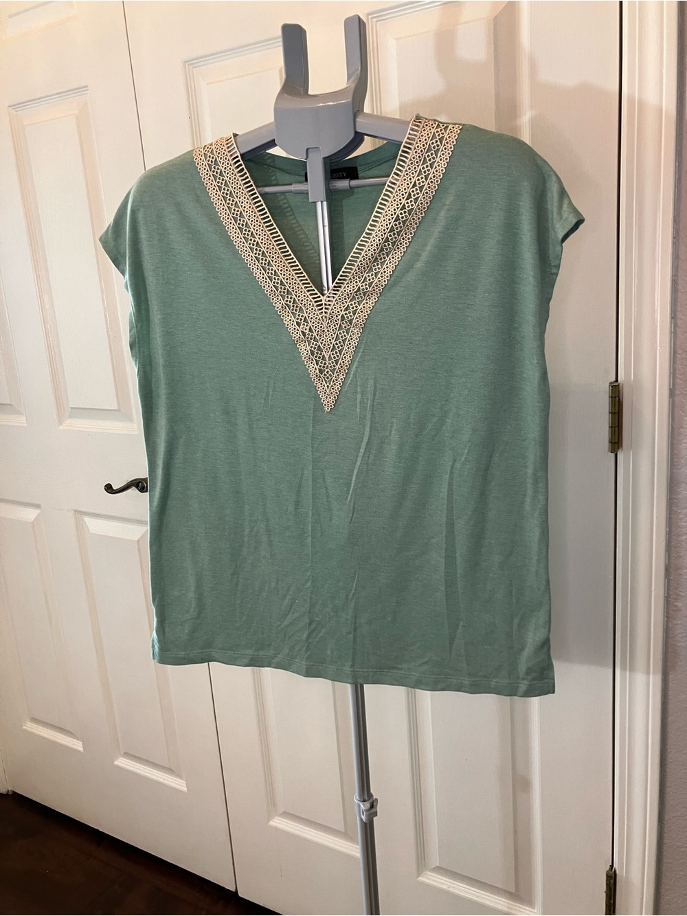 Lace-Trim V-Neck Short Sleeve Top in Sage Green